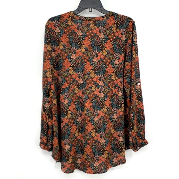 DR2 Top Black Floral Print Roll Tab Long Sleeve V Neck Button Popover - Picture 6 of 9